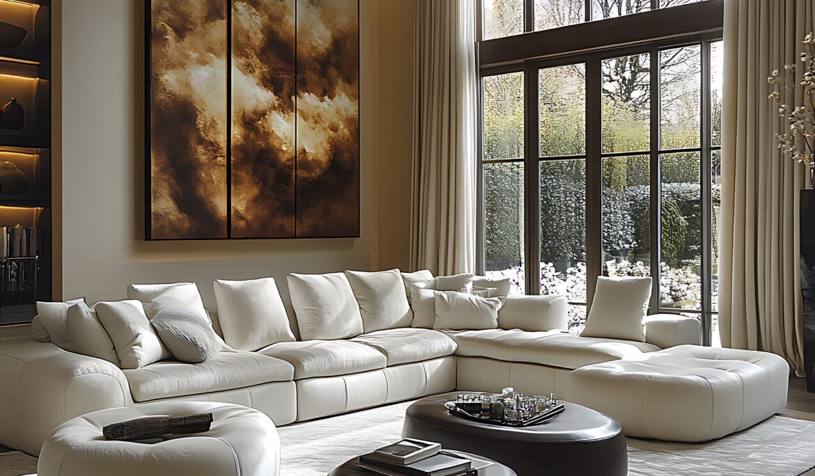 Modern neutral living room Dubai | Double-height modern living room in Dubai with floor-to-ceiling black-framed windows