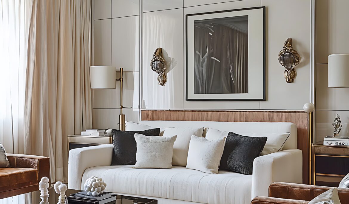 Modern classic living room Dubai white sofa | Elegant modern classic living room in Dubai with white three-seater sofa