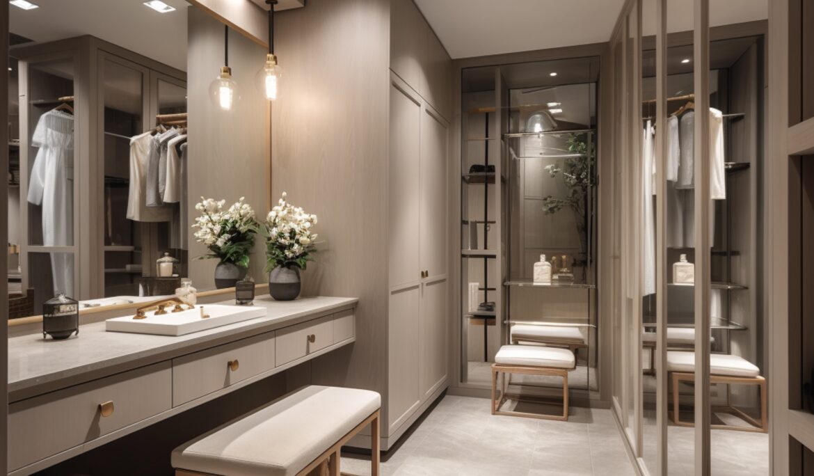 Dubai luxury dressing room design ideas | Long narrow luxury dressing room with a floating vanity