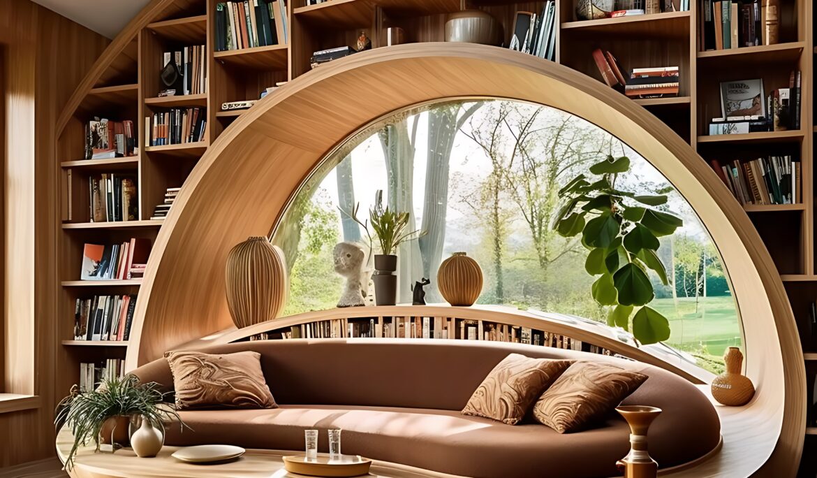 Dubai curved wooden reading nook | Semi-circular built-in oak bookshelf framing a curved tan sofa with a large circular window showing a green garden and a skylight above. - DubaiRenovate