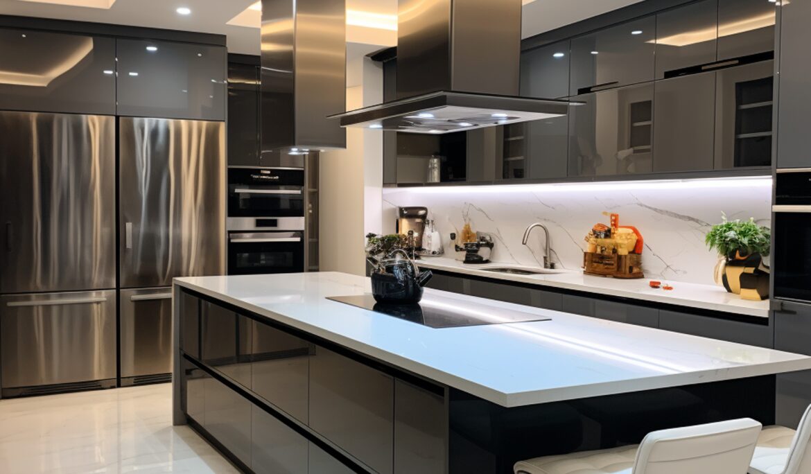 Dubai sleek modern kitchen design | Sleek modern open-plan kitchen in Dubai with long white island