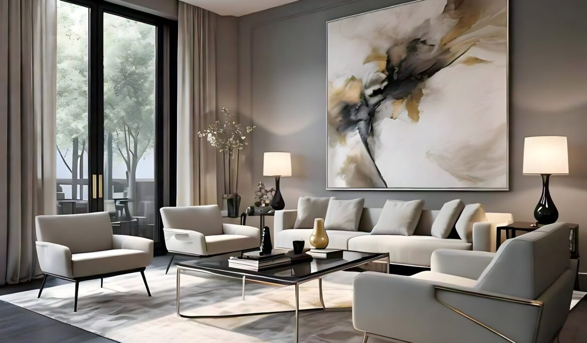 Modern neutral living room Dubai oversized abstract | Calm sophisticated modern neutral living room in Dubai featuring a long beige sofa