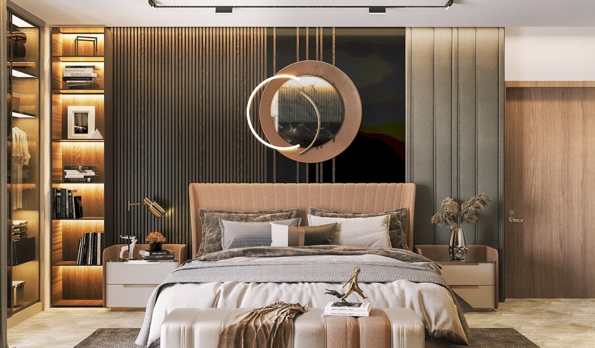 Dubai modern master bedroom design showcasing dark slat wall and ring chandelier by DubaiRenovate
