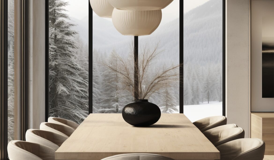 Dubai minimalist japandi dining room with light-wood slab table