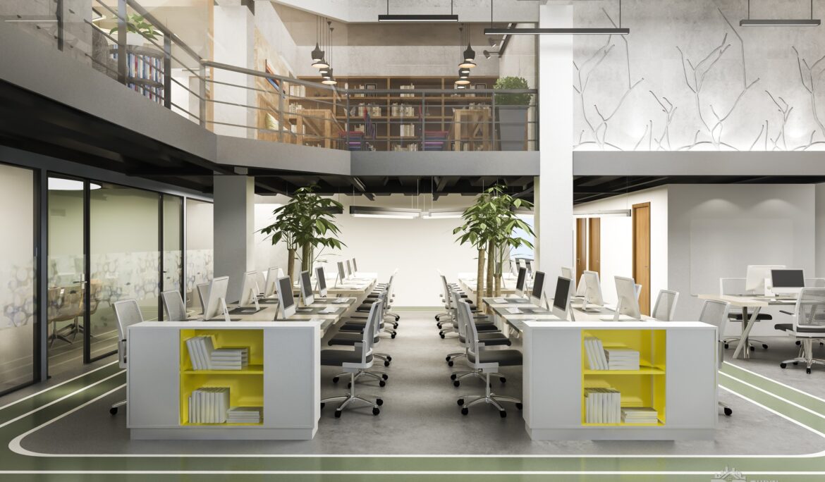 Dubai modern open plan office with mezzanine and yellow cubbies - DubaiRenovate