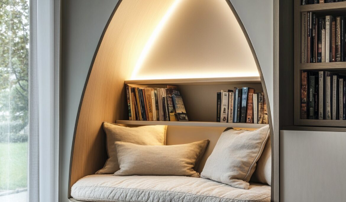 Dubai minimalist reading nook design | Built-in arched reading nook with warm wood veneer