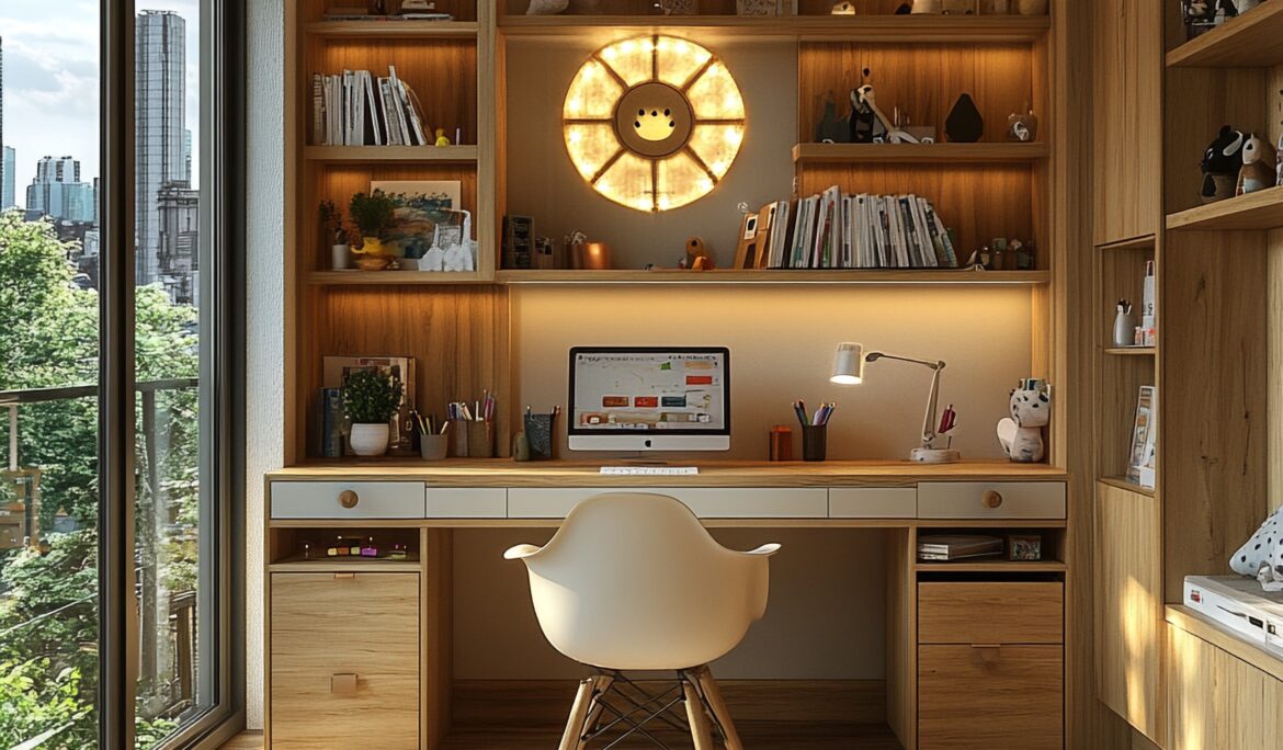 Dubai warm wood study room with built-in shelves