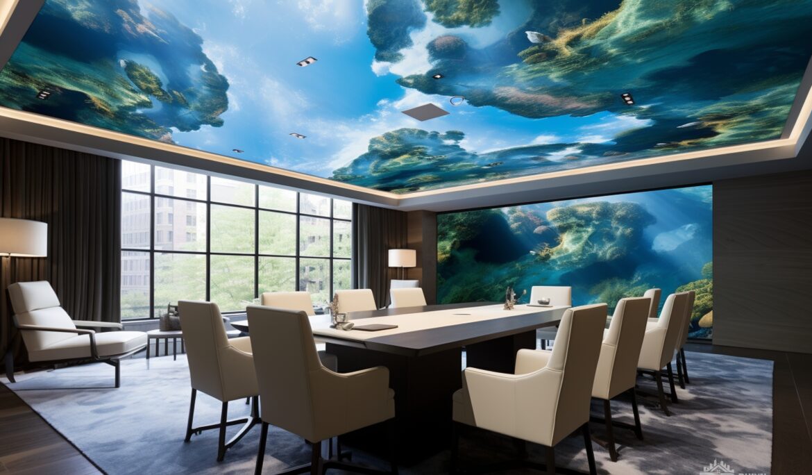 Dubai luxury conference room design with cloud mural ceiling and cream armchairs — DubaiRenovate