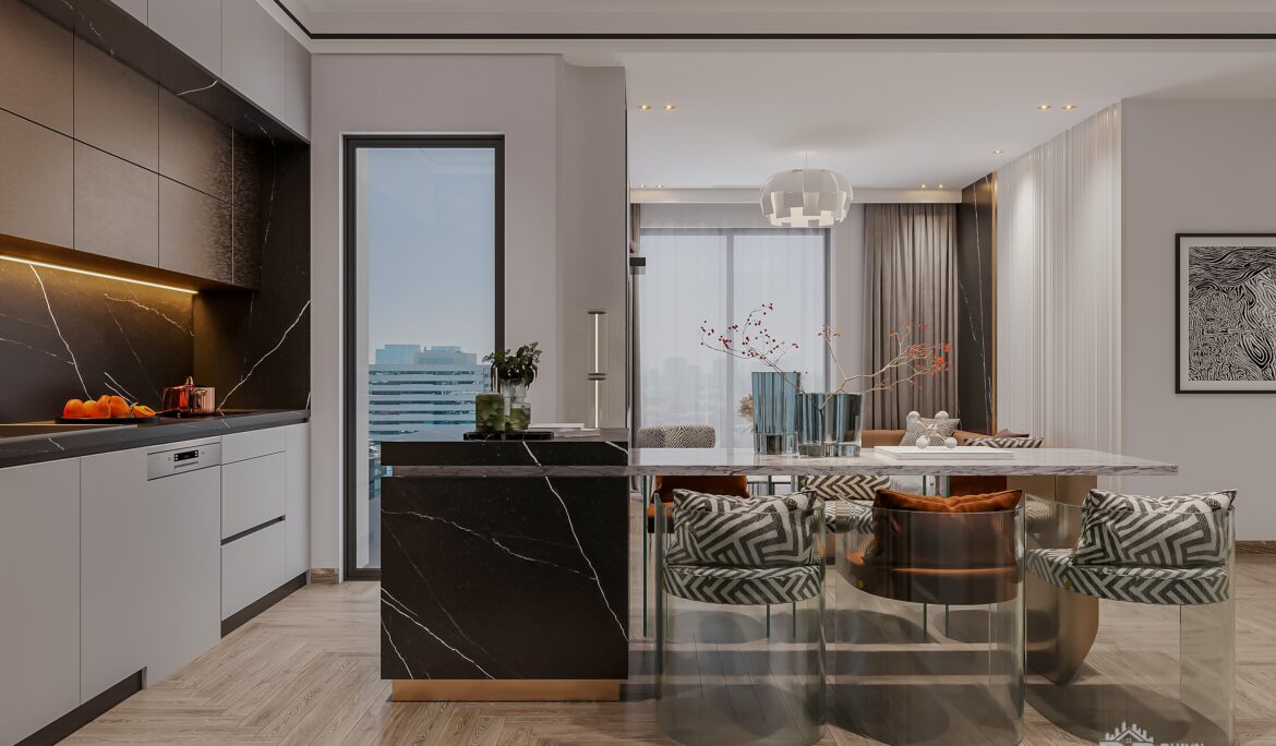 Dubai contemporary open plan kitchen with white marble countertop