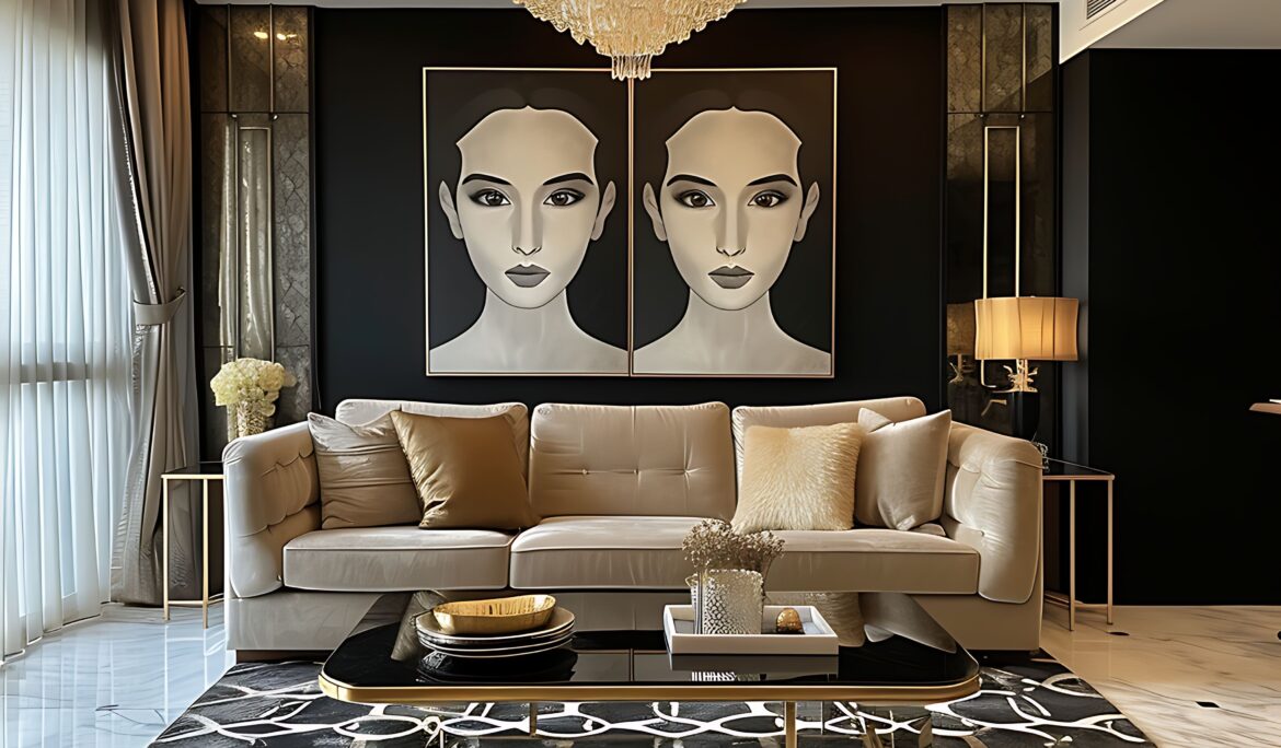 Art Deco Glam Living Room Dubai | Compact Art Deco glam living room in Dubai with a beige three-seat sofa centered on a matte black feature wall