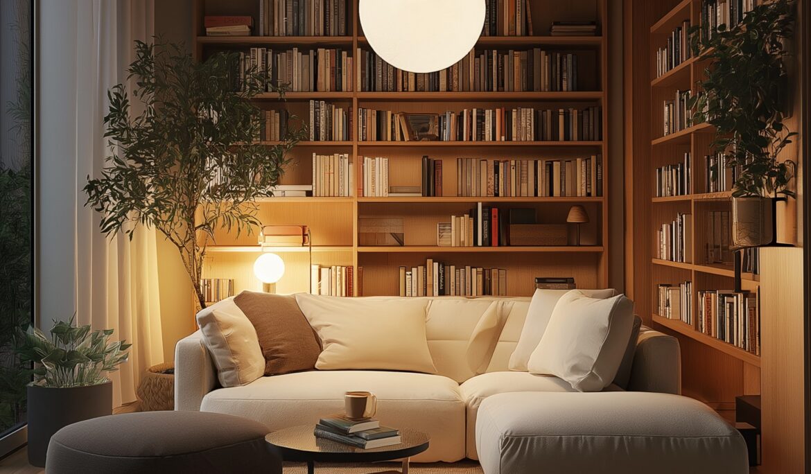Cozy modern living room Dubai | Warm cozy living room with cream L-shaped sectional
