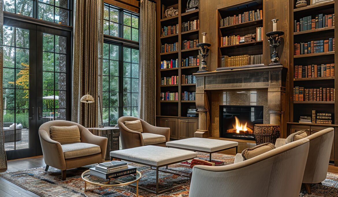 Library style cozy living room Dubai with dark wood panelling