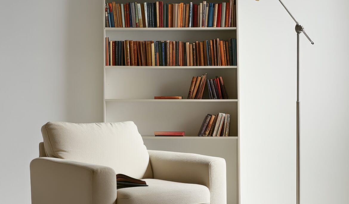 Minimalist Reading Nook Dubai Design | Cream upholstered armchair in front of a tall white bookshelf with an adjustable metal floor lamp casting warm light into a minimalist reading nook - DubaiRenovate
