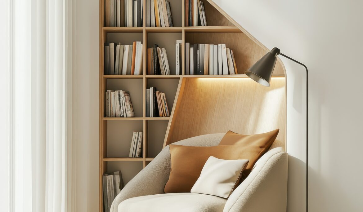 Dubai minimalist cozy reading nook | Compact corner reading nook with rounded cream upholstered chair