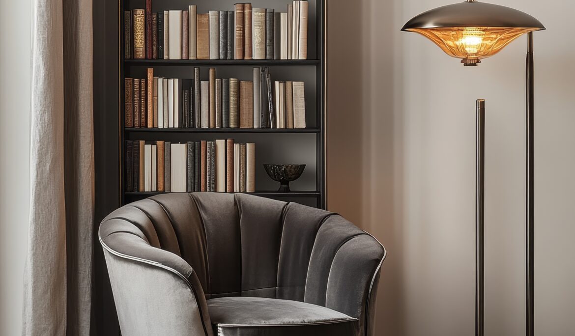 Dubai cozy velvet reading nook | Scalloped grey velvet swivel armchair beside a tall black bookshelf and amber-glass floor lamp in a light neutral corner. - DubaiRenovate