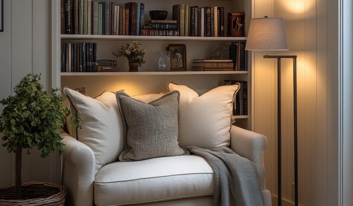 Dubai Cozy Reading Nook Design | Recessed cozy reading nook with cream upholstered chair
