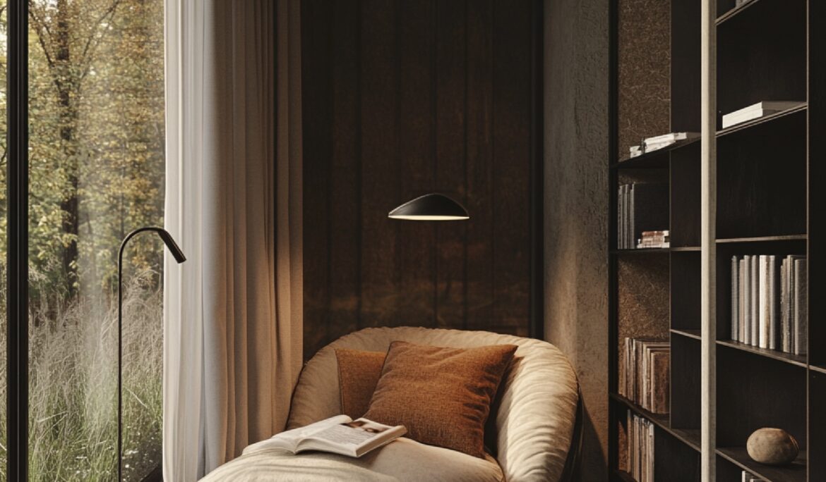 Cozy Dubai reading nook design | Cozy reading nook with oversized round beige lounge chair by floor-to-ceiling window
