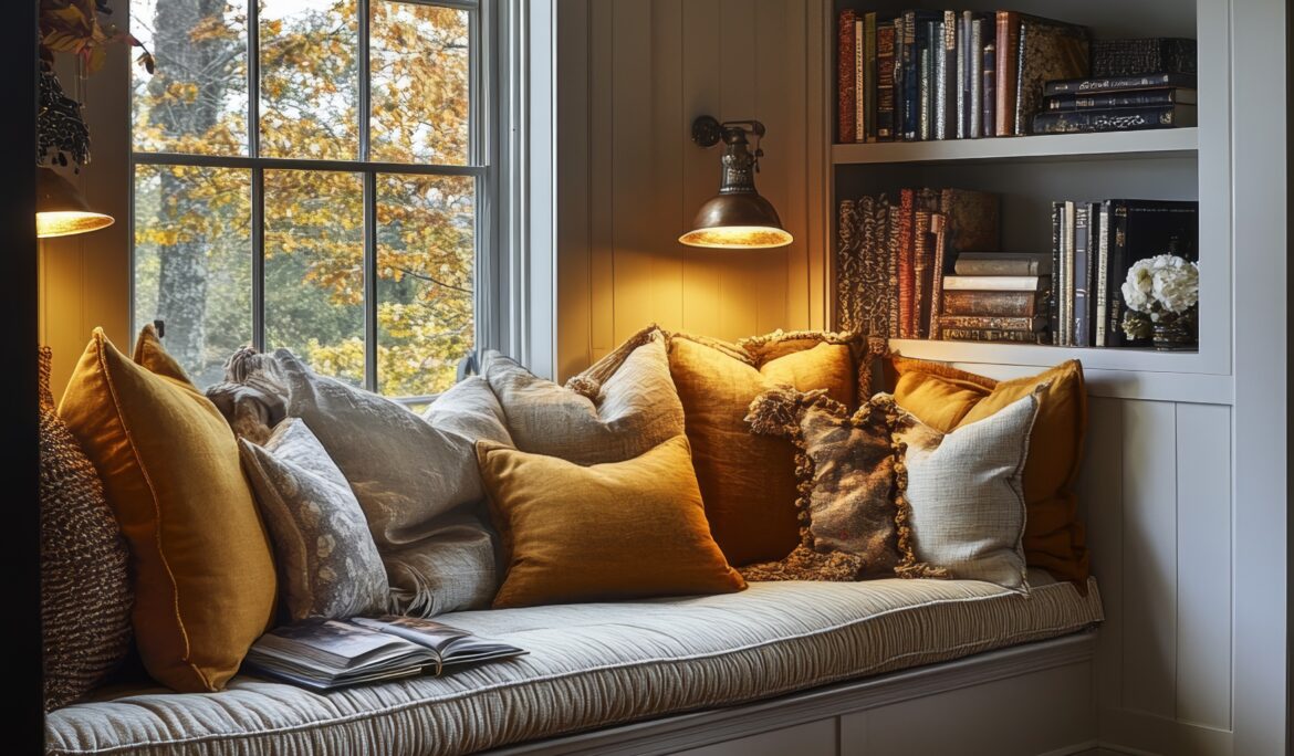 Dubai window seat reading nook | Built-in window seat tucked into a recessed bay beside a tall fitted bookshelf with mustard and ochre pillows