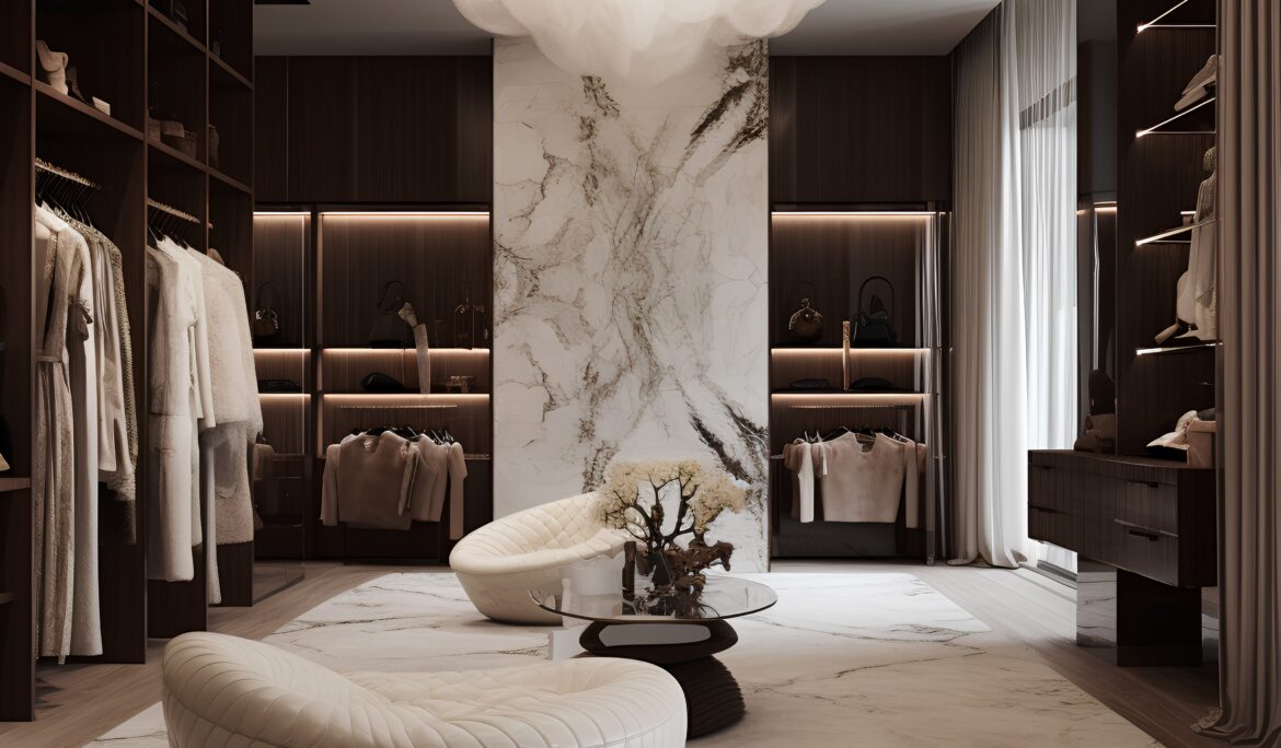 Luxury walk dressing room Dubai | Symmetrical Luxury walk dressing room Dubai with dark floor-to-ceiling open wardrobes
