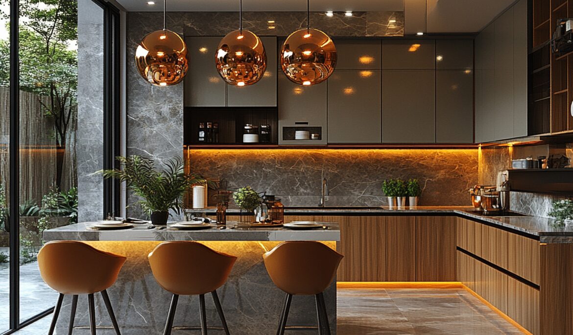 Efficient Modern Luxury Kitchen Dubai | High-end compact open-plan kitchen with a polished grey-veined marble waterfall island