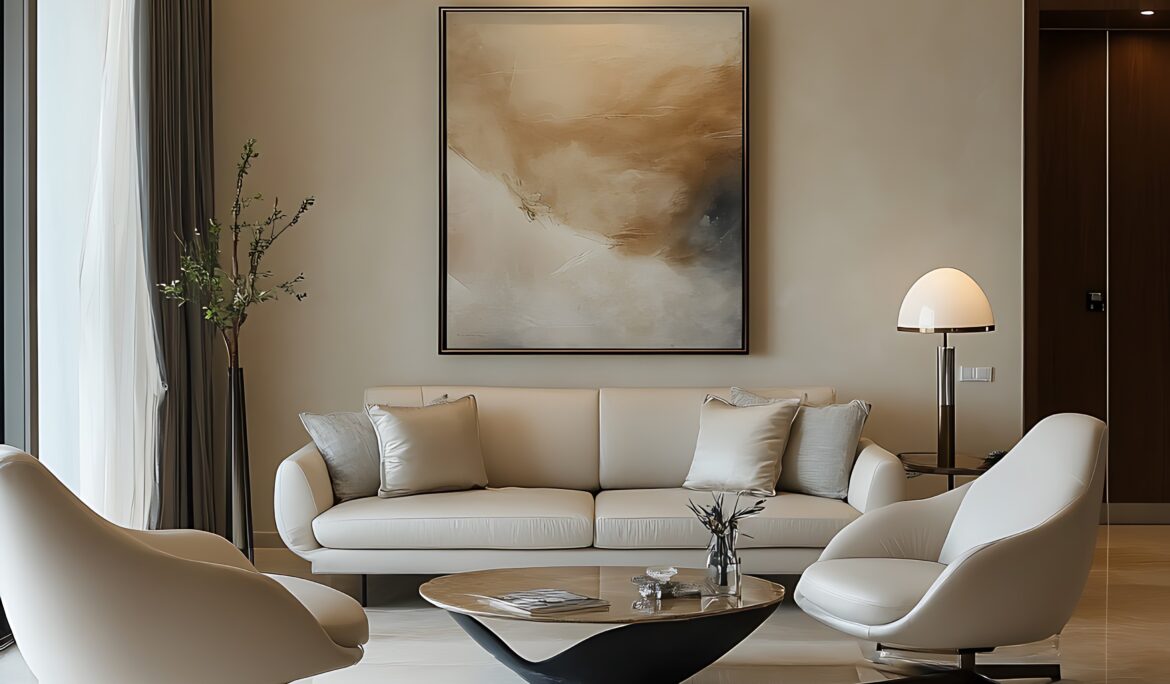 Dubai minimalist luxury living room | Bright minimalist luxury living room with beige three-seater sofa