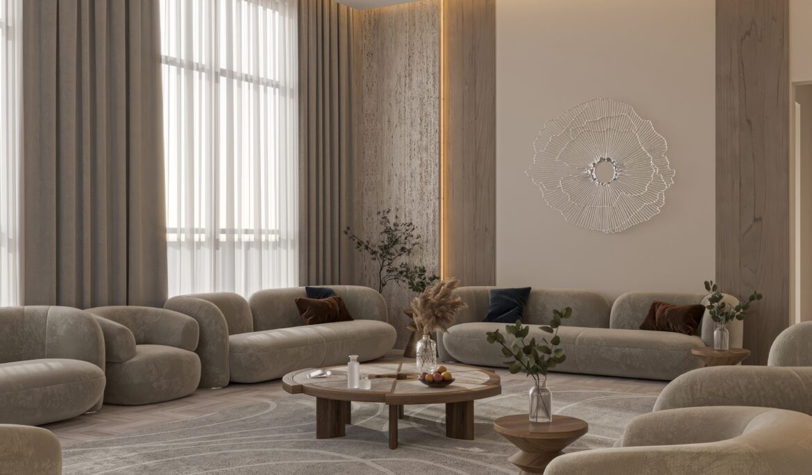 Dubai modern neutral living room | Elegant modern neutral living room in Dubai with curved beige modular sofas