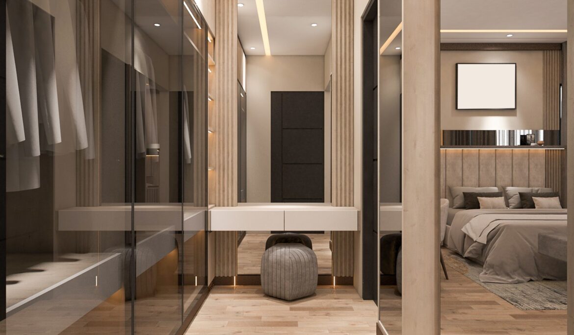 Dubai modern walk closet design glassfront wardrobe | Long narrow walk-in closet corridor with floor-to-ceiling smoked glass wardrobe doors