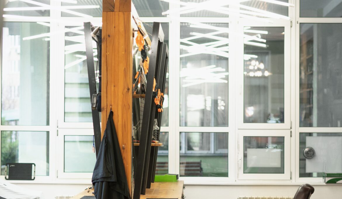Dubai industrial wooden barber island | Clean modern barber salon with a central wooden island