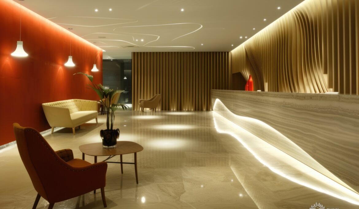Dubai modern hotel lobby design with curved reception desk and terracotta seating — DubaiRenovate
