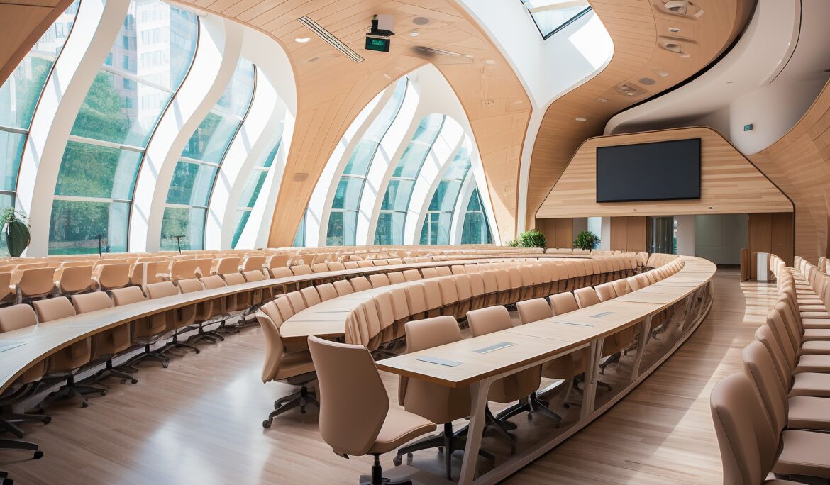 Dubai curved wood lecture hall showcasing curved desks