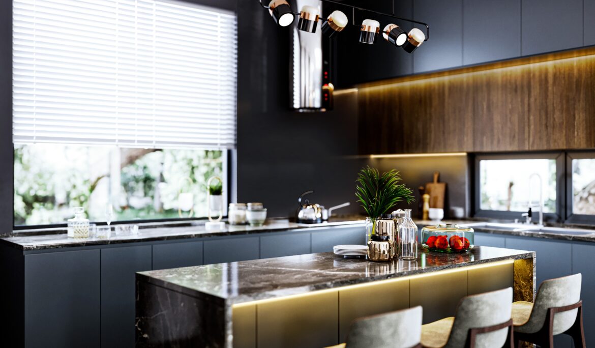 Dubai modern dark kitchen design | Modern dark kitchen in Dubai featuring a large dark marble waterfall island