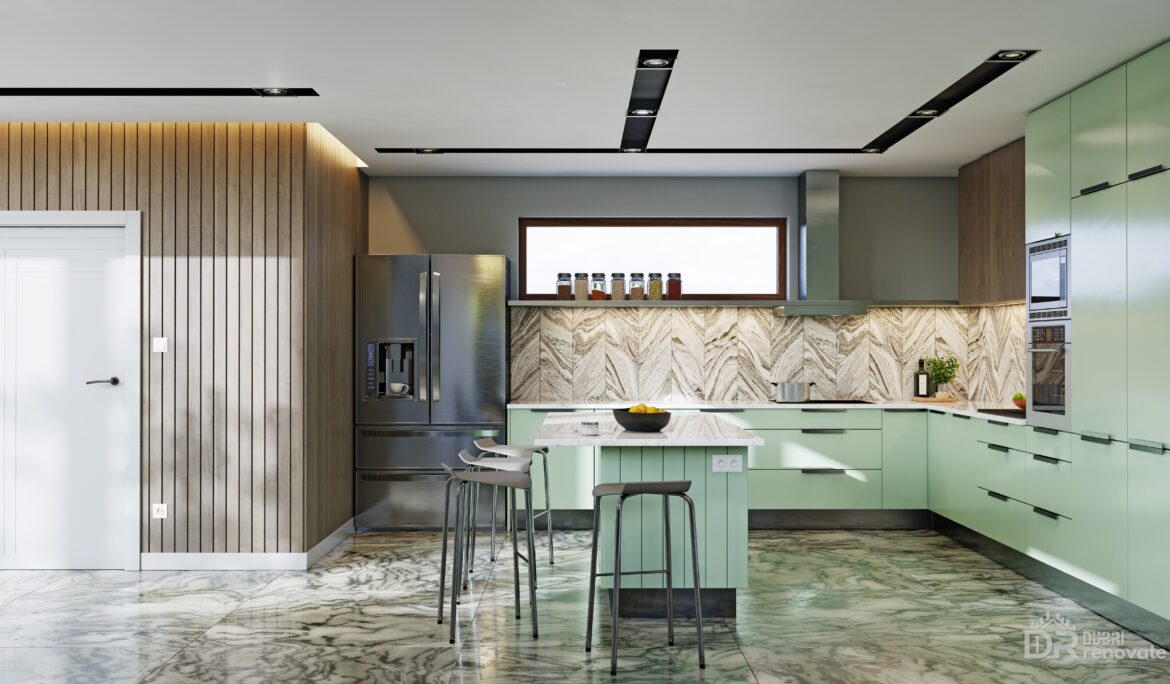 Mint Green Kitchen Dubai Design | Bright open-plan mint-green kitchen with matte pastel cabinets
