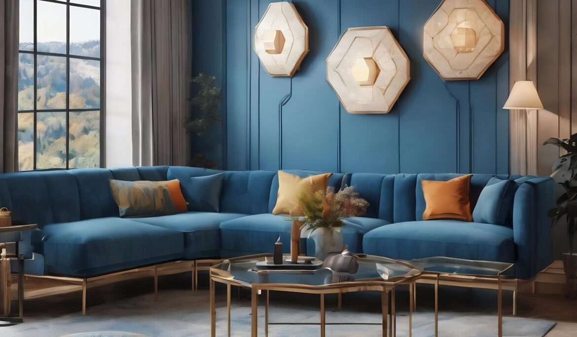 Contemporary Blue Living Room Dubai | Corner view of a contemporary blue living room with L-shaped blue velvet sectional