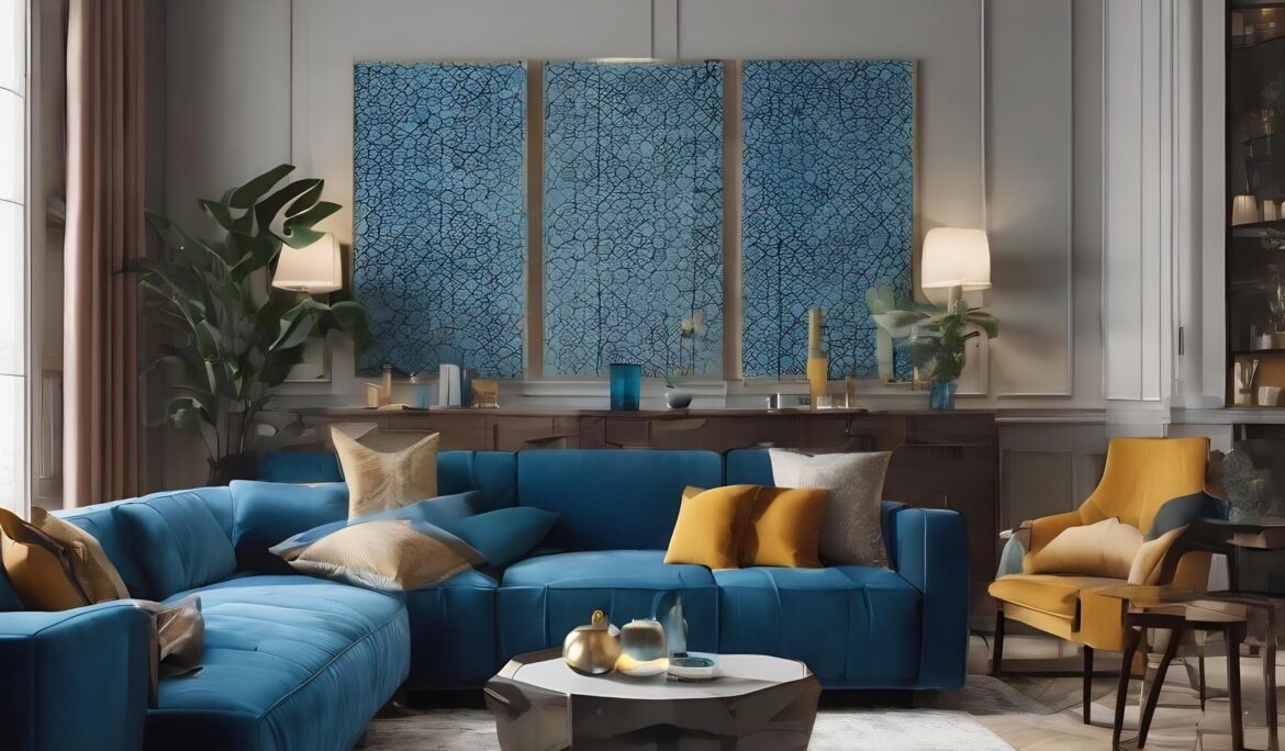 Contemporary blue velvet living room Dubai | Contemporary living room with deep blue L-shaped velvet sectional