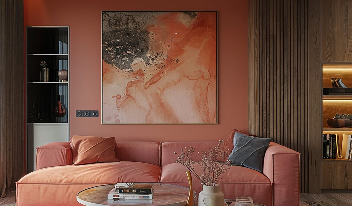 Contemporary Coral Living Room Dubai | Contemporary coral L-shaped sectional sofa against a matching accent wall with abstract artwork