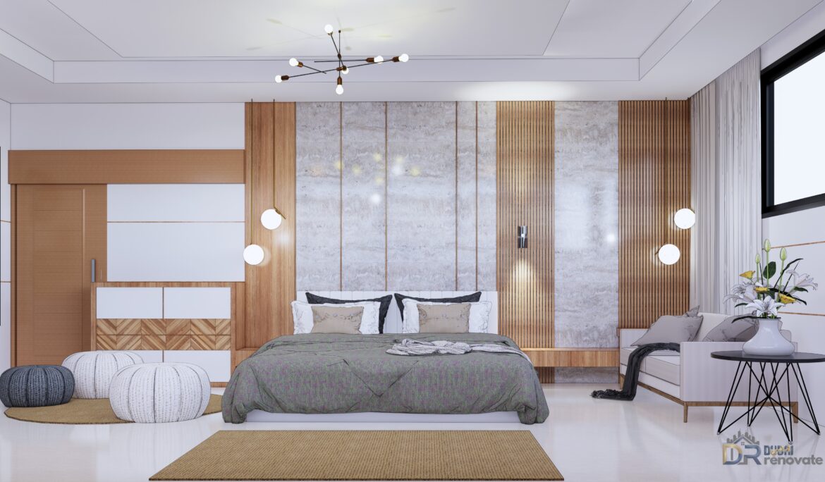 Dubai wood and marble bedroom by DubaiRenovate showing vertical oak slats and grey marble panels