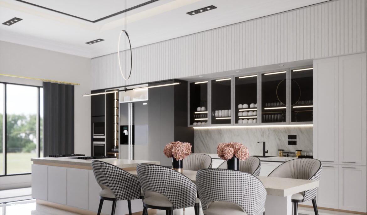 Dubai modern white kitchen island by DubaiRenovate with patterned chairs and internally lit glass cabinets