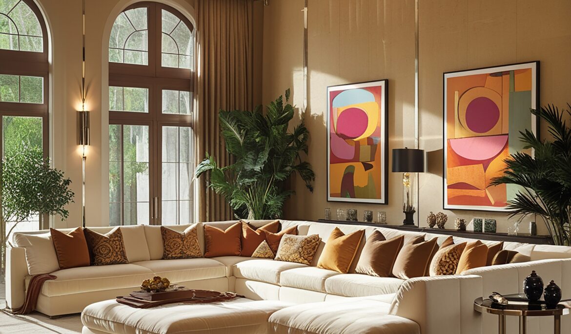 Dubai modern classic living room Lshaped sectional | High‑ceiling modern classic beige living room with a large cream L‑shaped sectional