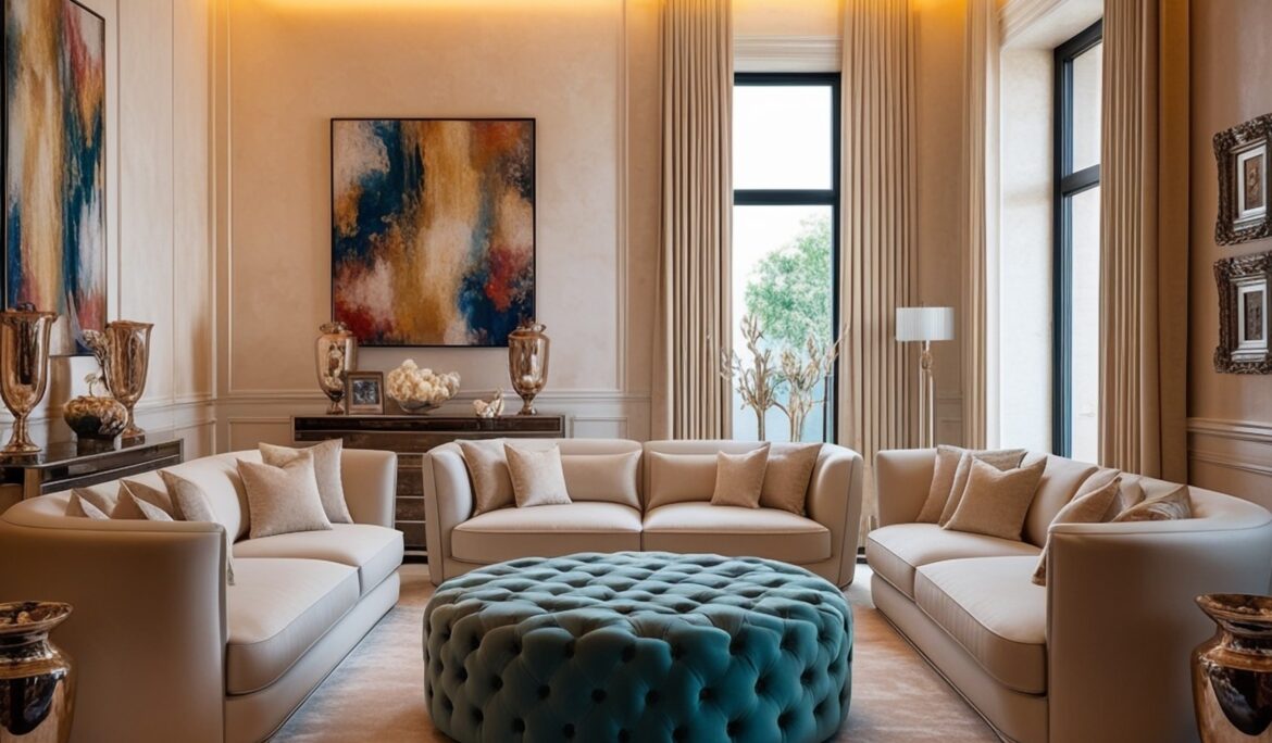 Dubai luxury modern classic living room | Symmetrical luxury living room with U-shaped cream sofas around a teal tufted ottoman