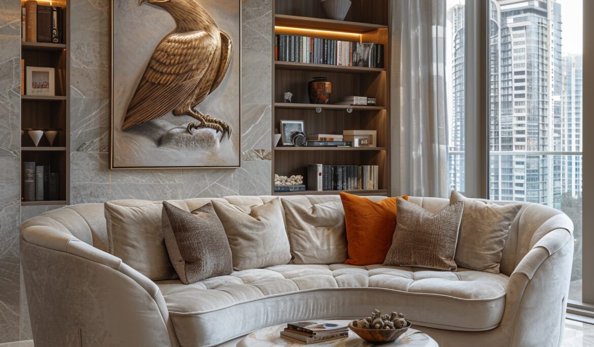 Luxury modern living room Dubai | Luxury modern living room with curved beige sectional