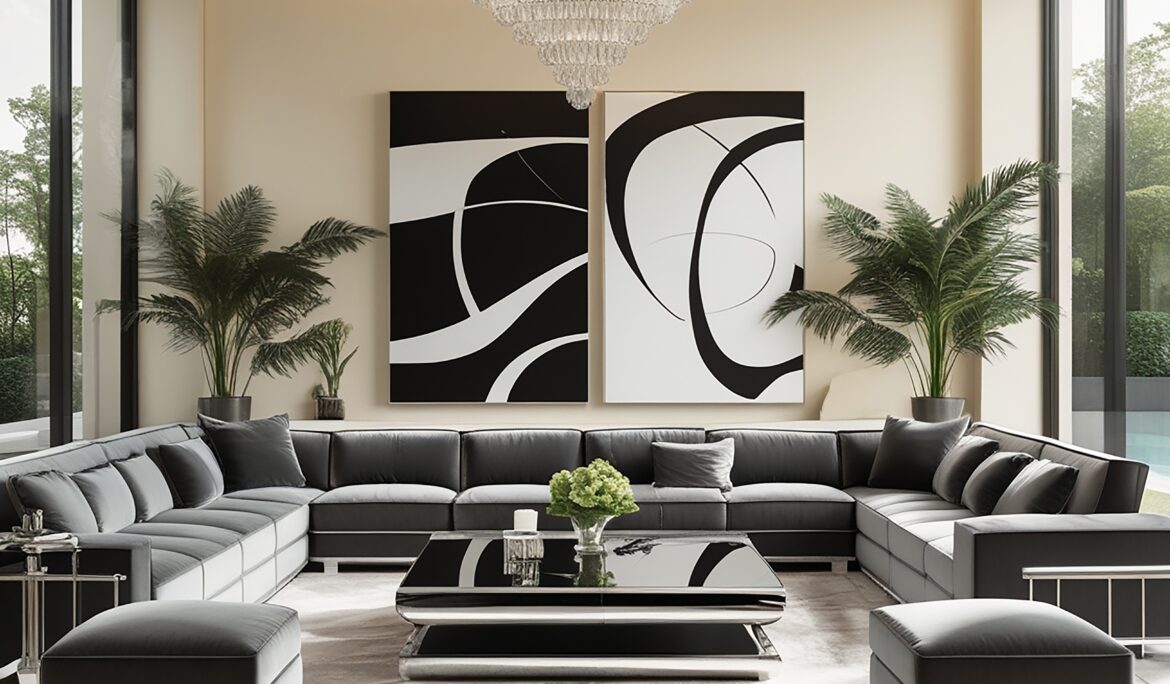 Dubai modern luxury living room Tiered crystalstyle | High-ceiling Dubai modern luxury living room Tiered crystalstyle with a dark U-shaped sectional