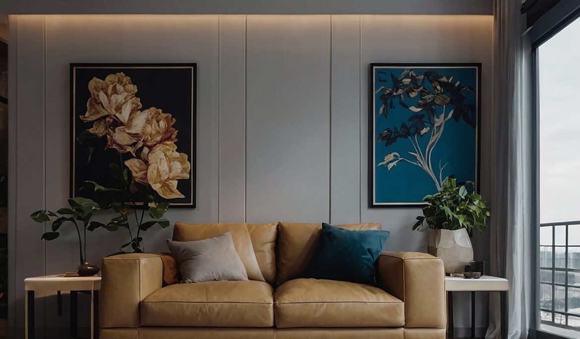 Modern living room Dubai design with camel sofa