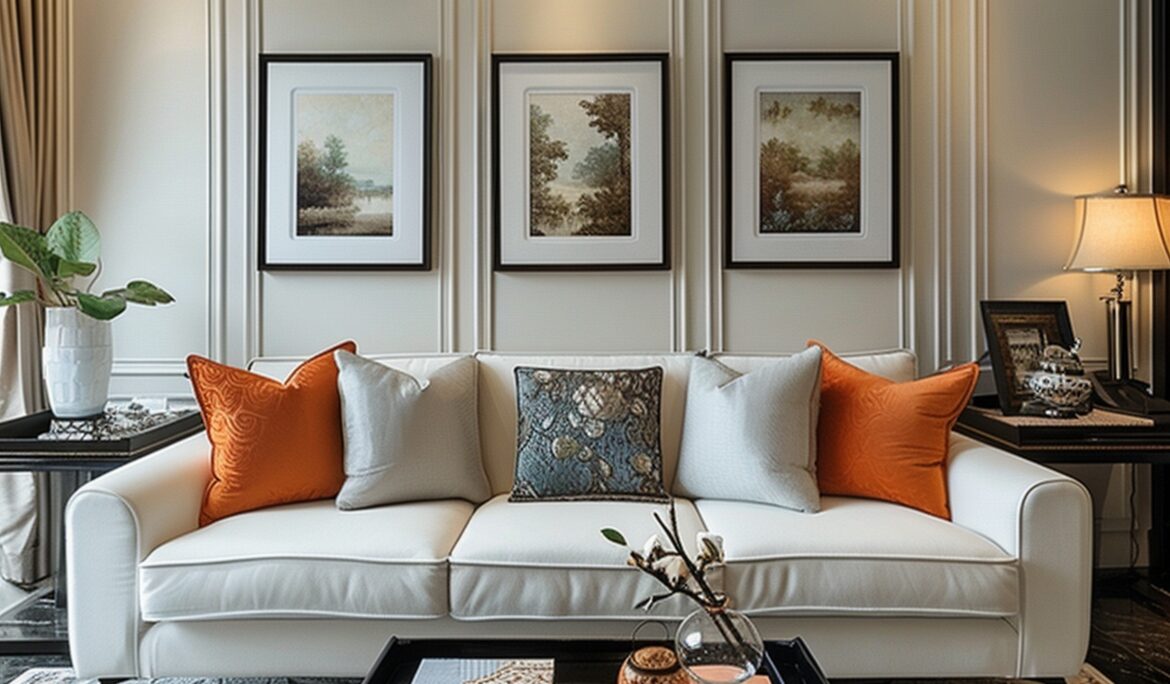 Modern Classic Living Room Dubai cream sofa | Refined modern classic living room with a three-seat cream sofa