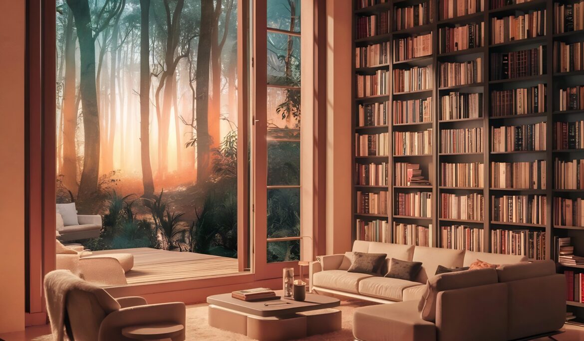 Cozy library living room Dubai | Warm library-style living room on a raised platform with floor-to-ceiling bookshelves and a large picture window showing a forest sunset - DubaiRenovate