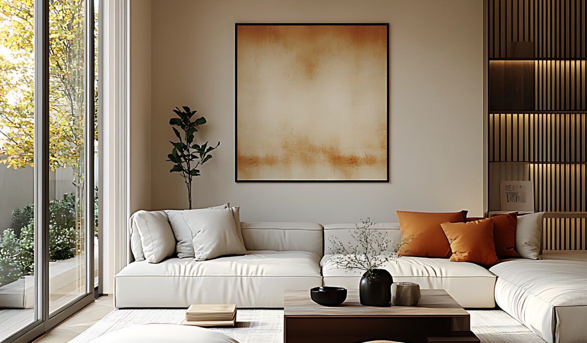 Japandi living room Dubai design | Bright Japandi-Scandinavian minimalist living room with low L-shaped cream sectional