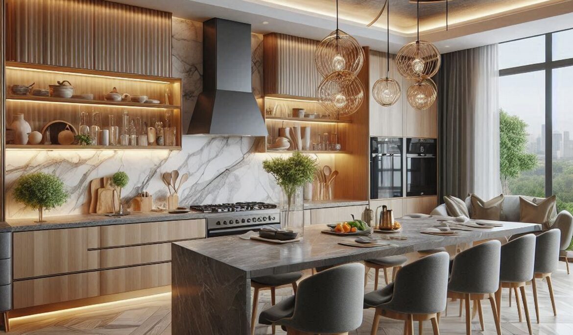 Luxury open plan kitchen Dubai with Calacatta waterfall island