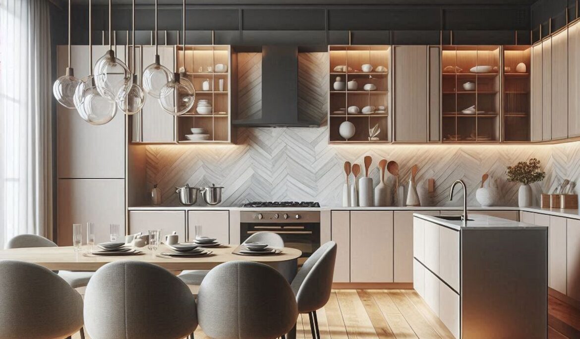 Dubai modern kitchen design | Open-plan modern kitchen in Dubai with matte grey handleless cabinets