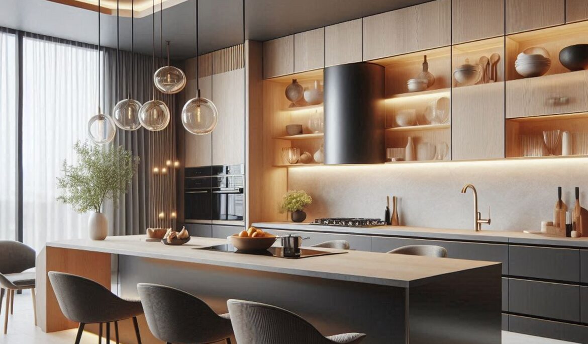 modern open plan kitchen design central island Dubai | Sleek modern open-plan kitchen with a long central island