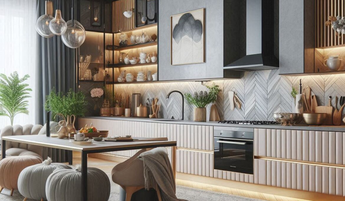 Dubai warm modern kitchen with fluted cabinets
