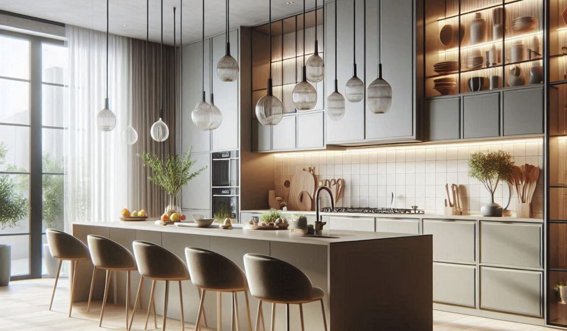 Dubai modern open plan kitchen Central kitchen | Bright Dubai modern open-plan kitchen with a long central island